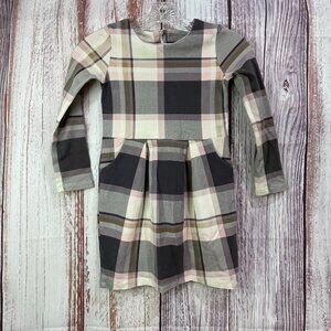 H&M Cream/Grey/Tan Plaid Long Sleeve Dress Girls Size 6-8  #5115